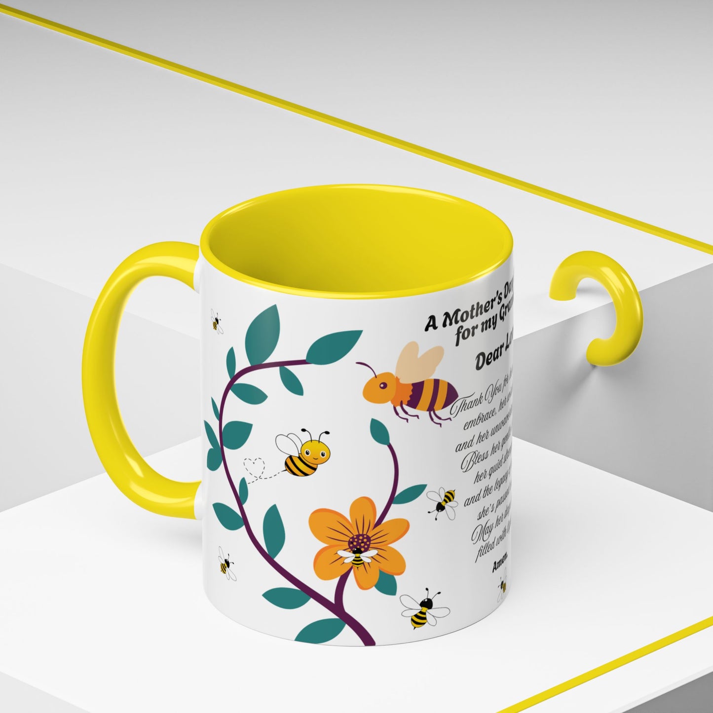 Grandma Prayer Coffee Mug (11, 15oz) Floral Bumble Bees Mother's Day Gift