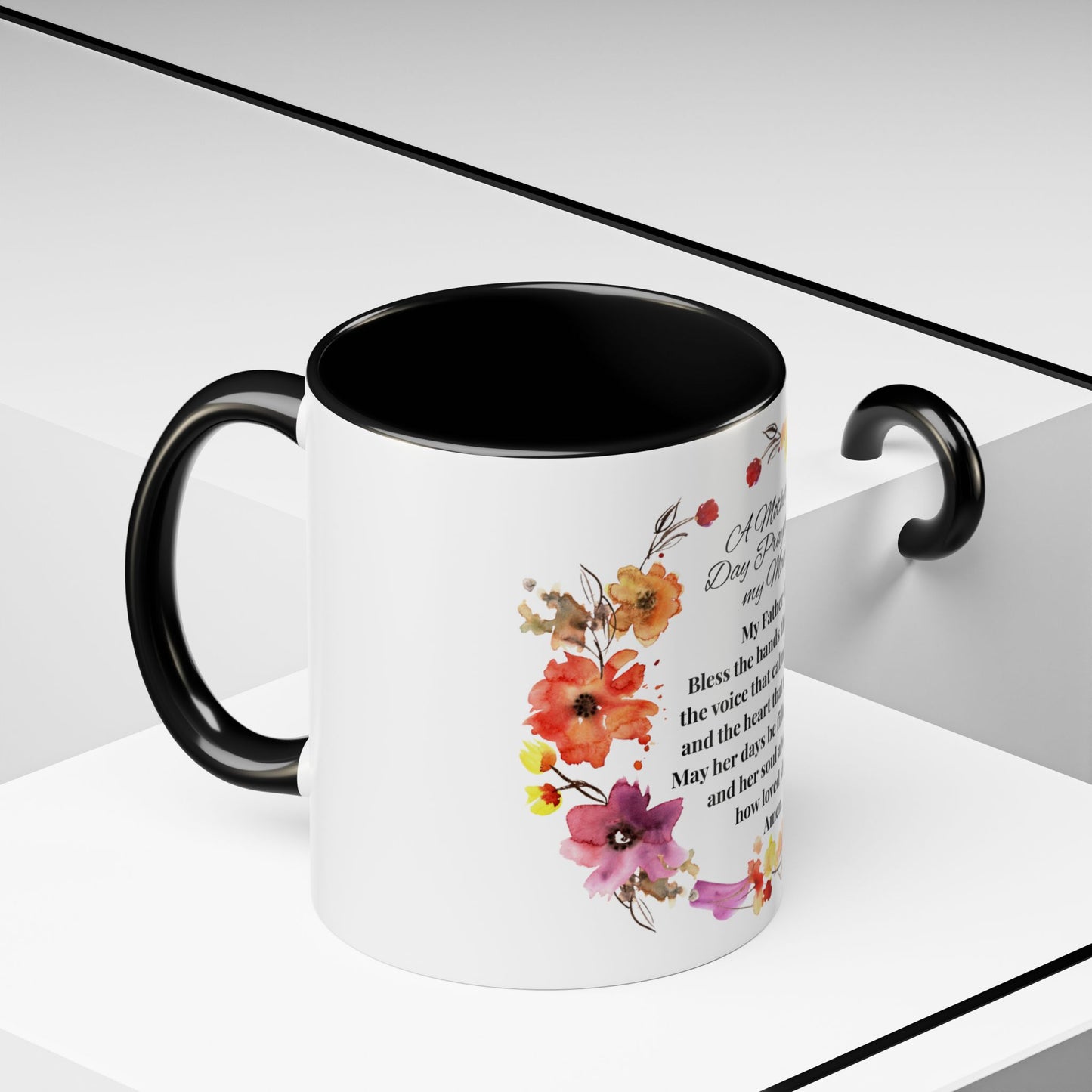 Mom - Prayer Mug for Mom, Floral Accent Coffee Cup, Gift for Mother's Day, Inspirational Drinkware, 11oz and 15oz