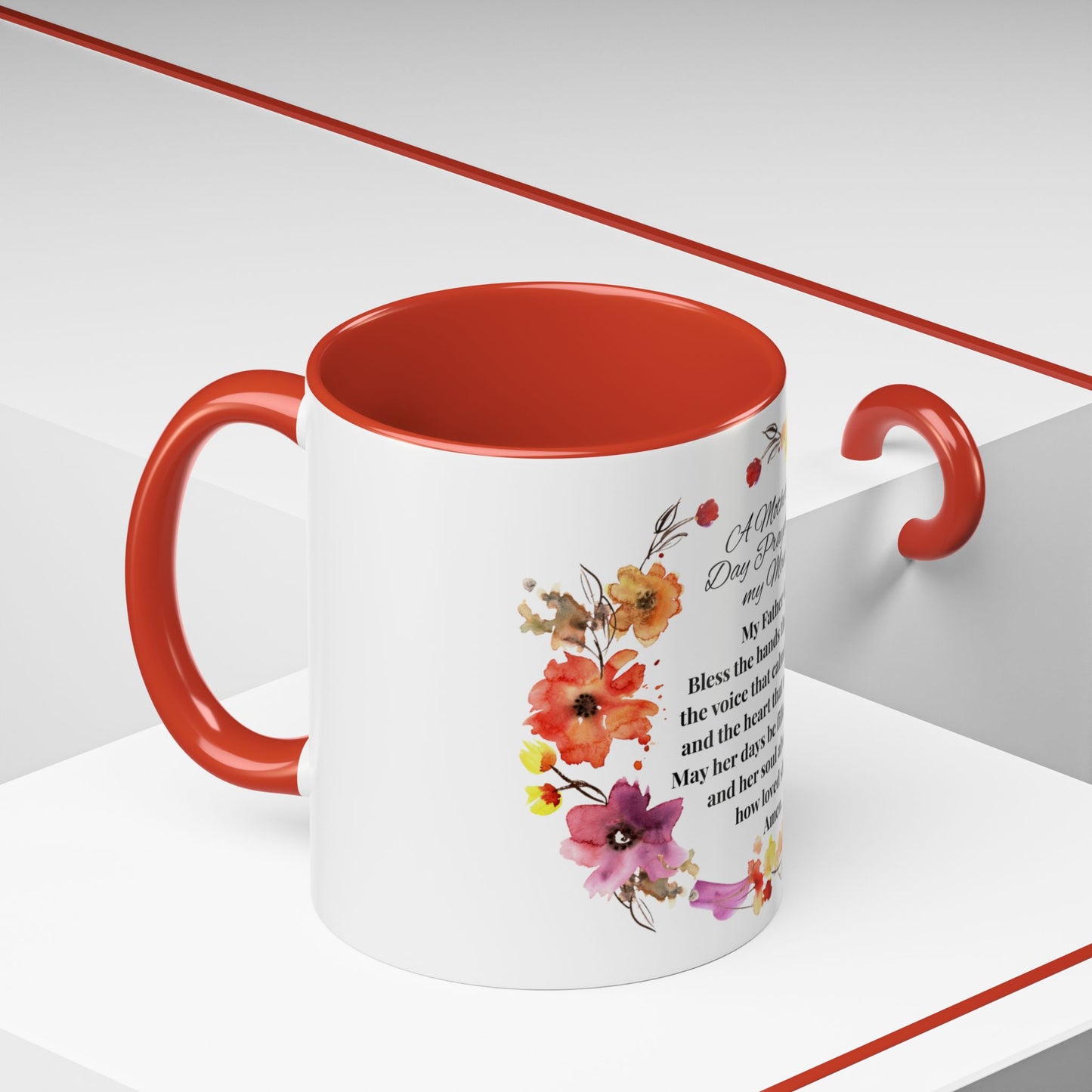 Mom - Prayer Mug for Mom, Floral Accent Coffee Cup, Gift for Mother's Day, Inspirational Drinkware, 11oz and 15oz
