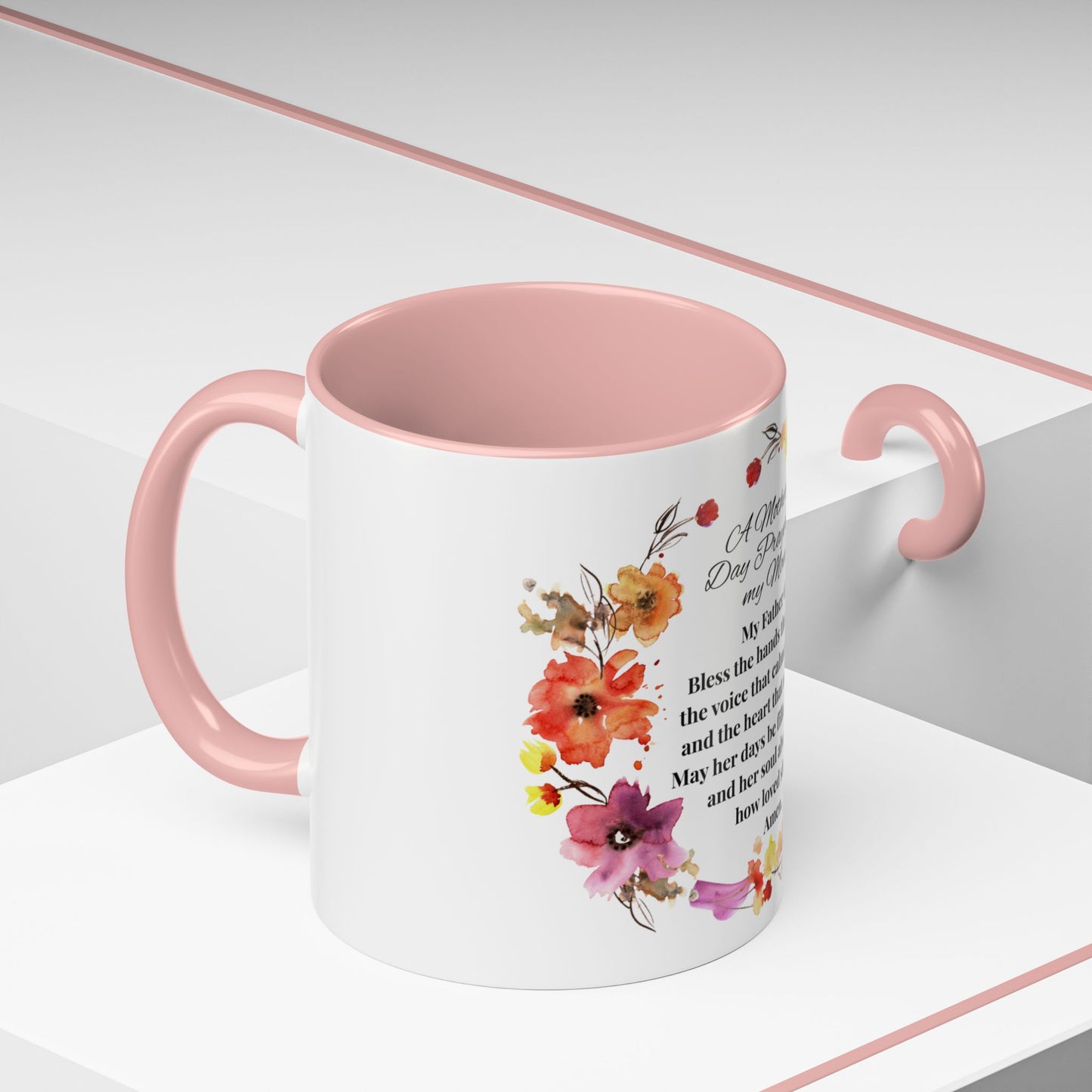 Mom - Prayer Mug for Mom, Floral Accent Coffee Cup, Gift for Mother's Day, Inspirational Drinkware, 11oz and 15oz