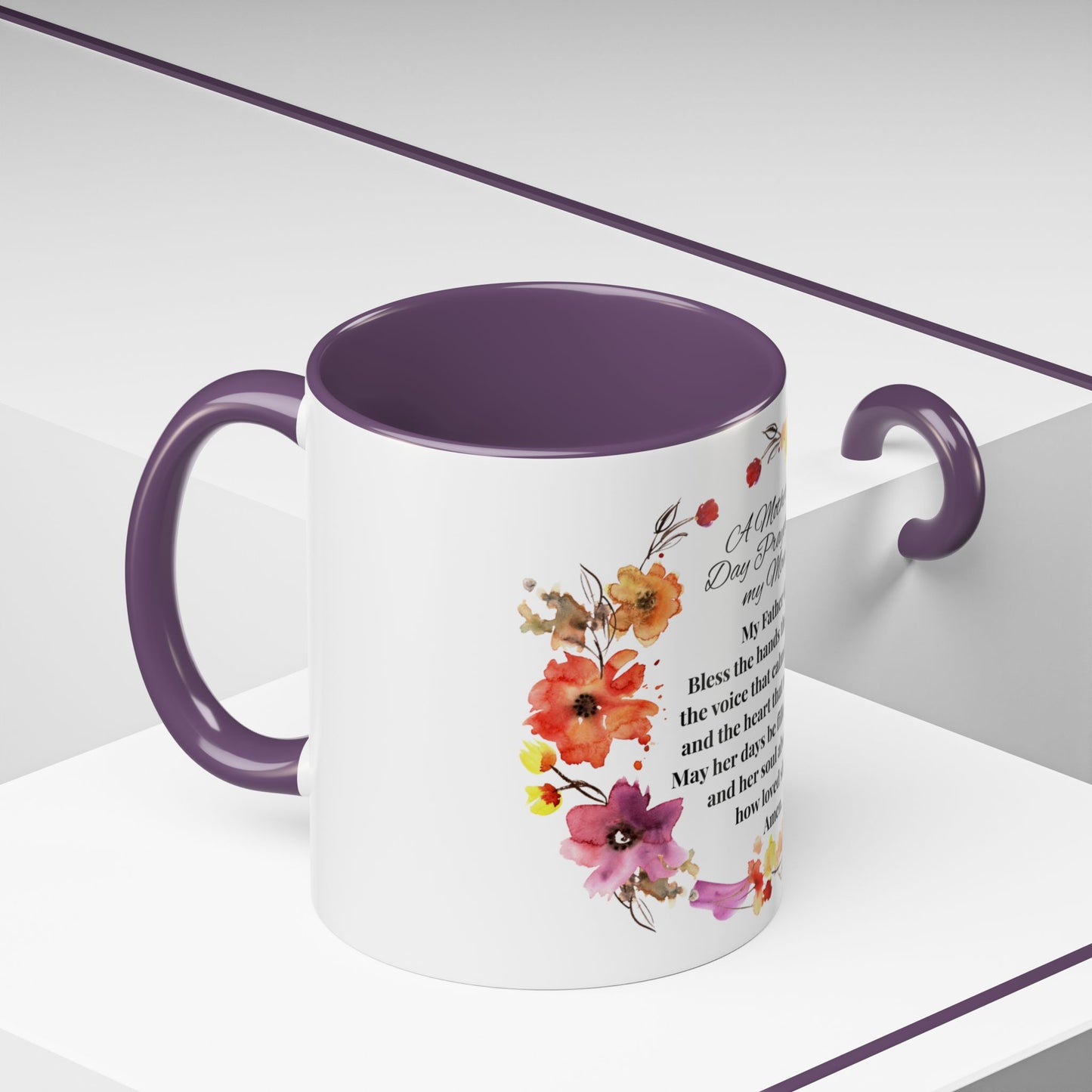 Mom - Prayer Mug for Mom, Floral Accent Coffee Cup, Gift for Mother's Day, Inspirational Drinkware, 11oz and 15oz